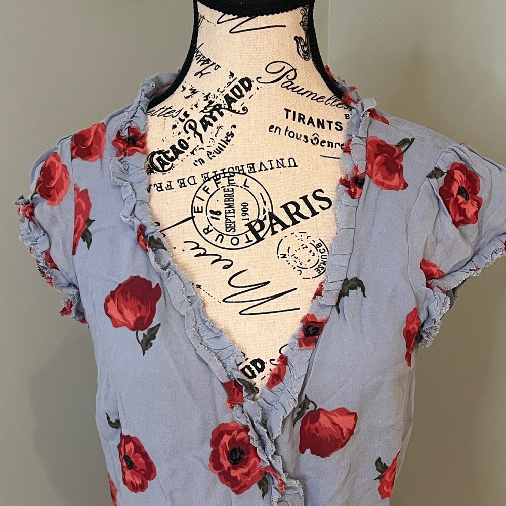 Reformation Floral Wrap Garnet Dress | SZ S | Blue with Poppy Flowers | Like New - Picture 8 of 14